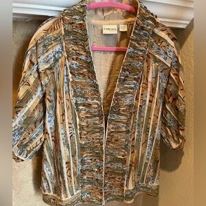 Chico’s Gold Brown Blue Balloon Sleeve Ribbon Kimono 💯 cotton artsy Dressy XL